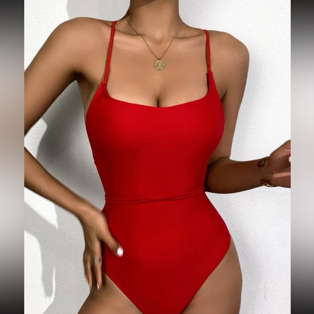 SHEIN Red High Cut One Piece Bathing Suit